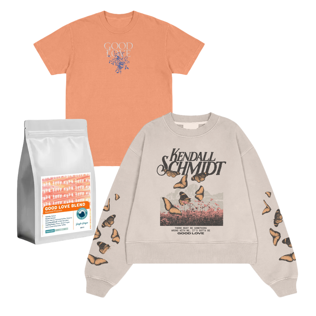 Good Love Tee + Good Love Butterfly Crewneck + Coffee