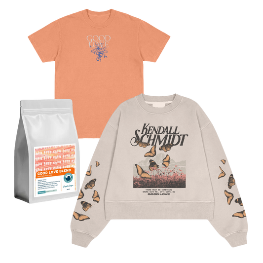 Good Love Tee + Good Love Butterfly Crewneck + Coffee